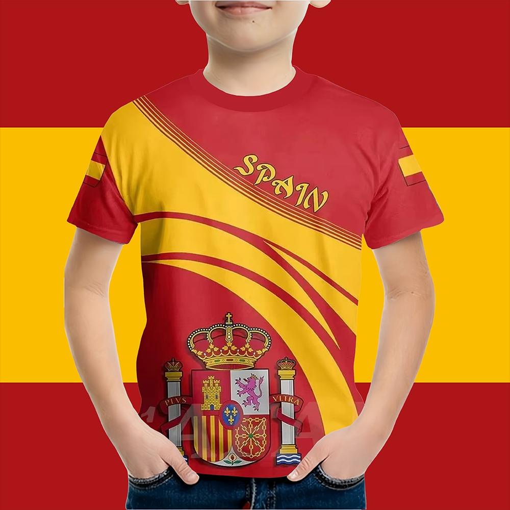 Boys Clothes Spanish Flag Graphic T-Shirt Vintage Casual Short Sleeved Kids Clothes 2-14Y Summer Outdoor Spanish Child Top Tee