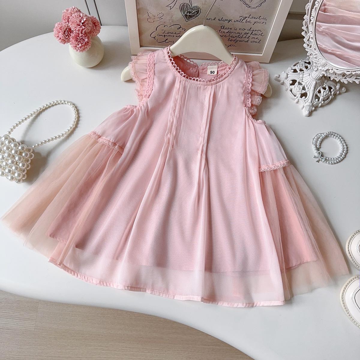 Girls Korean Summer Patchwork Gauze Lace Ruffle Dress - Style AXC137 Size 90