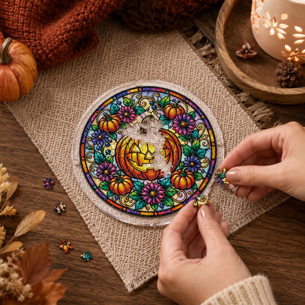 Acrylic Halloween Suncatcher Puzzle - Flat Pumpkin for Window Decor