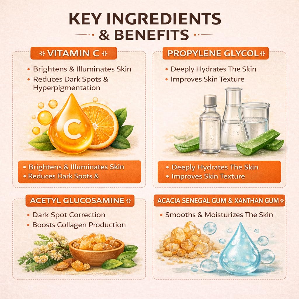 SKNSHOTS Vitamin C Face Serum with Acetyl Glucosamine, Brightens & Fades Dark Spots Without Irritation Smooths Texture and Vitamin C To Double the