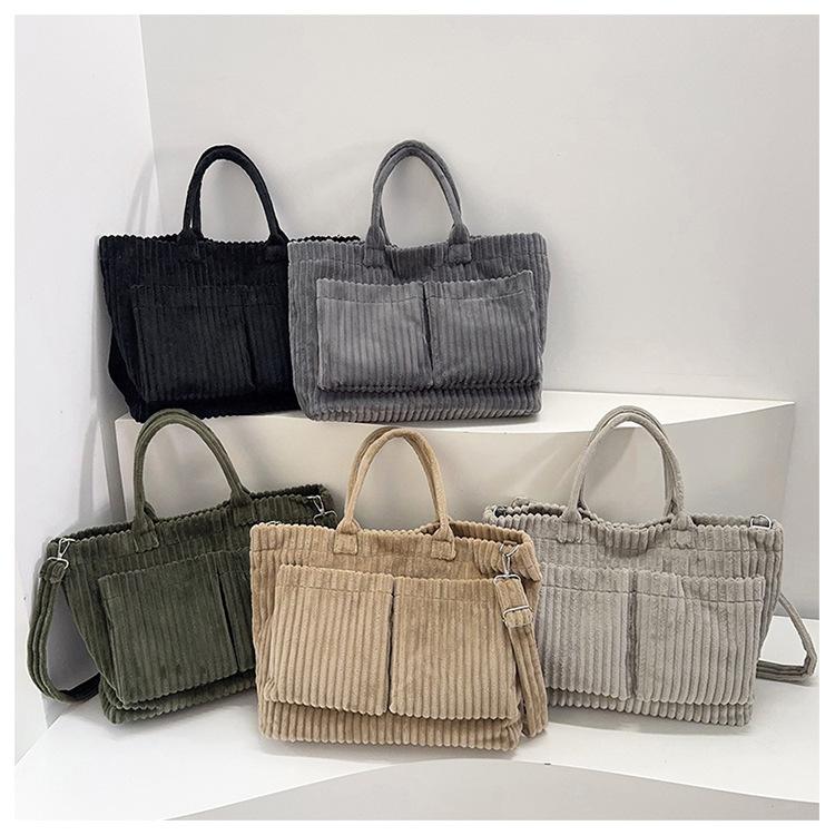 Simple Solid Color Corduroy Shoulder Bags for Women Large Capacity Ladies Multi-Pocket Tote Handbags Student Crossbody Bag