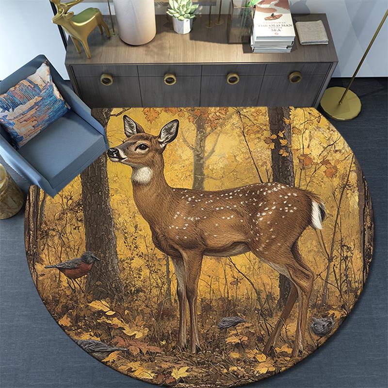 Forest Deer Round Area Rug,Carpet Rug for Living Room Bedroom Sofa Playroom Decor,Non-slip Floor Mat