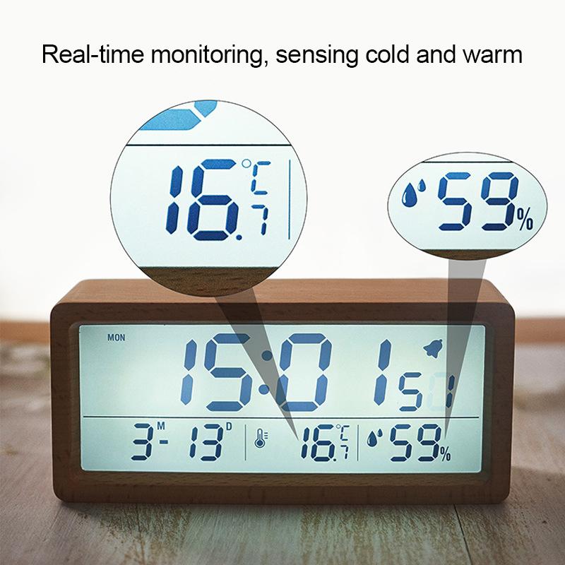 Wooden Digital Table Clock with Backlight Temperature Humidity Date Week Display Snooze Mode Electric Alarm Clock Home Decor