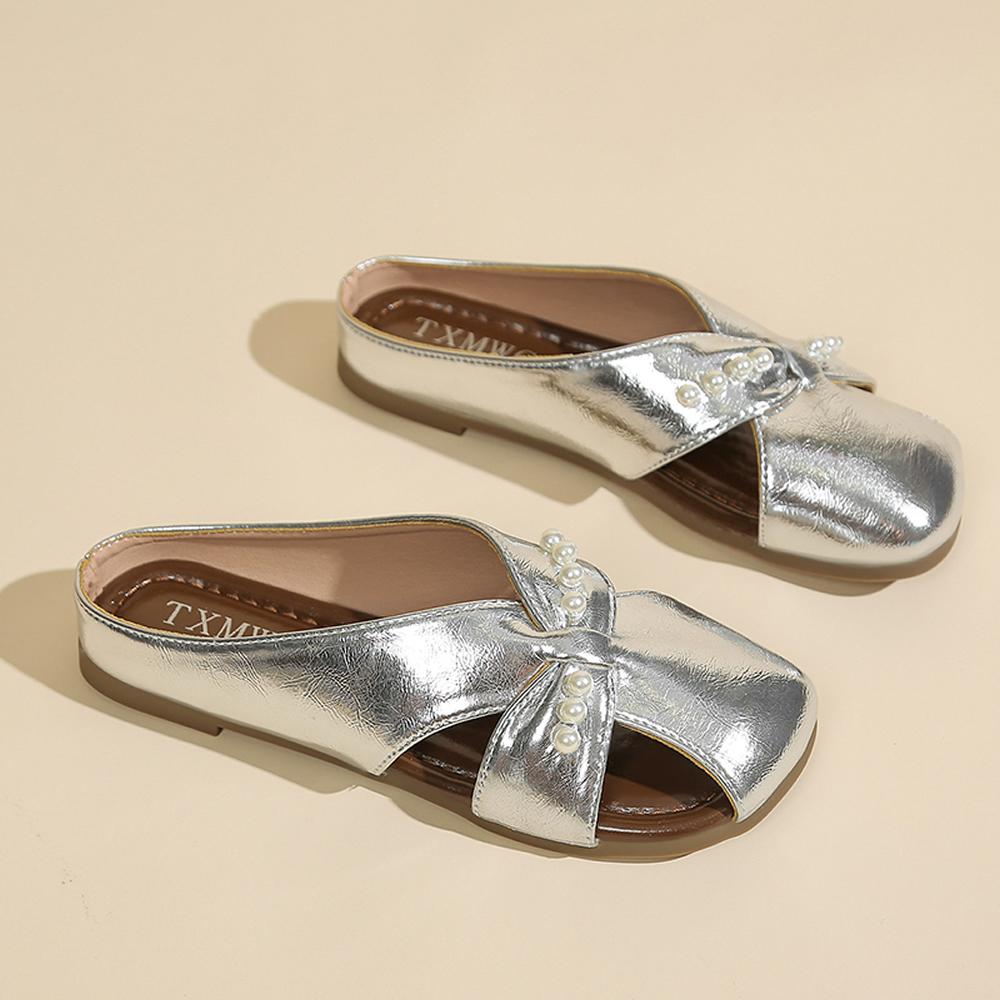 

New Anti-slip Summer Women Slippers Soft-soled Square Toe Square Toe Flat Sandals Comfortable Solid Color Ladies Mules 35 срібний