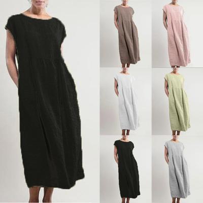 Damen Sommerkleid, lässig, einfarbig, ärmellos, O-Ausschnitt, lose Taschennähte, Baumwoll-Leinen-Kleid