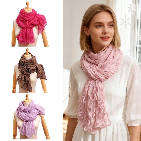 Women Pleated Scarf Thickened Weave Autumn Winter Scarf Solid Color Breathable Shawl Headscarf Outfit Accessories