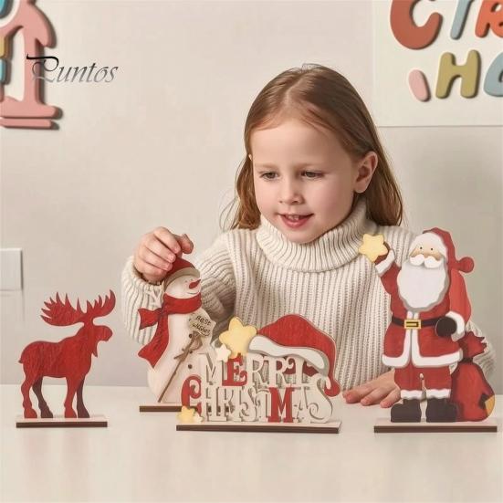 Nordic Style Holiday Decor Christmas Ornaments, Wood Reindeer Santa Claus Snowman Figurine, Elk Tabletop Decorations Rustic Desktop Decoration