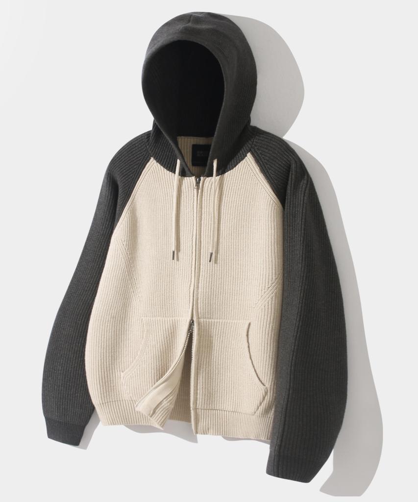 Dimiteulibeullaeg 2Way Raglan Two-Tone Knit Zip-Up Hoodie_Oatmeal & Charcoal