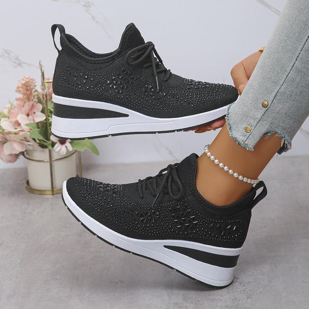 Damen Glitzernde Strass Dicke Sohle Sneaker - Atmungsaktives Strickgewebe, Rutschfeste Mode-Sneaker mit Schnürverschluss, Lässige Bequeme Schuhe