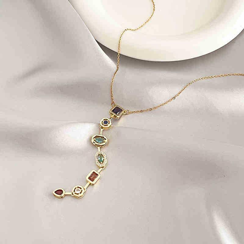 Retro Style Colorful Zircon Tassel Irregular Splicing Long Necklace Light Luxury Pendant Collarbone Chain For Women Jewelry