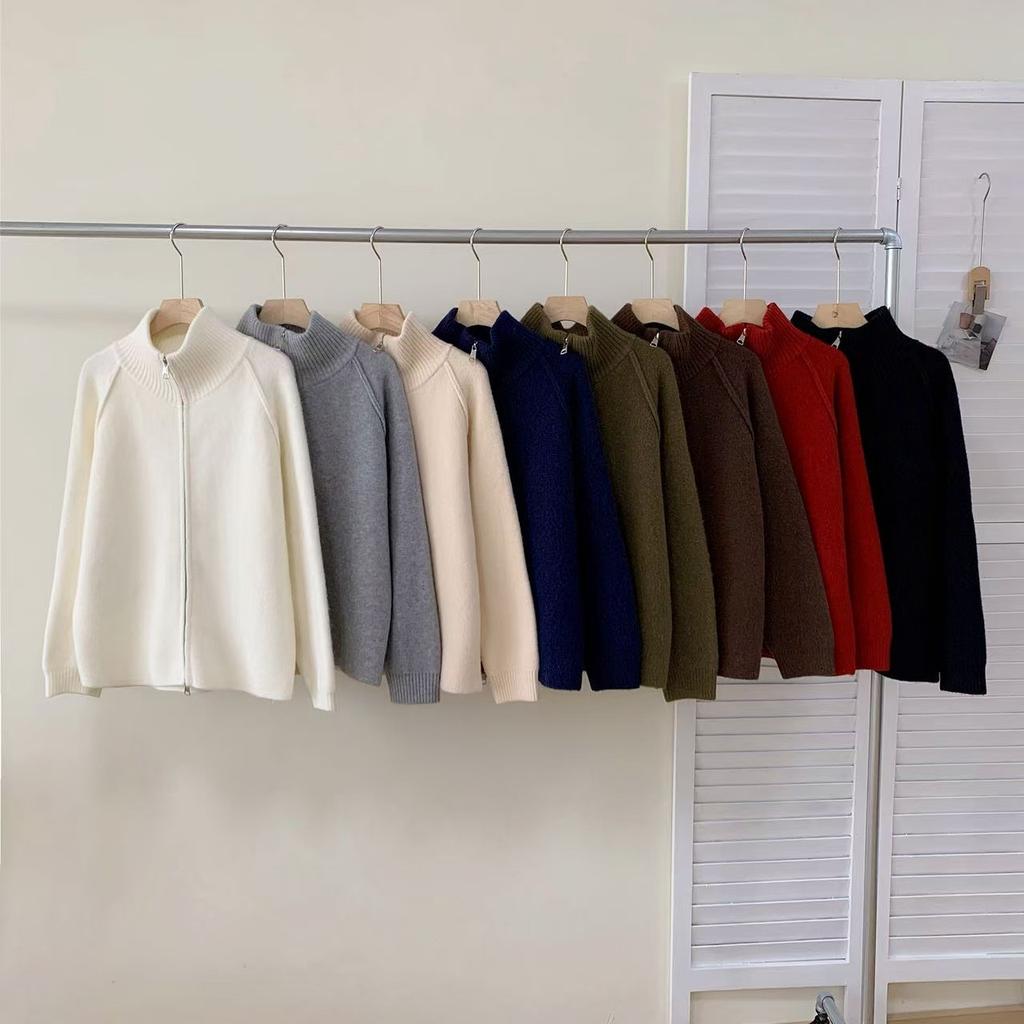 Cardigan Women Sweaters Zipper Coats Stand Collar Full Sleeve Jumpers Y2k Streetwear Elegant Knit Open Stith Autumn Winter