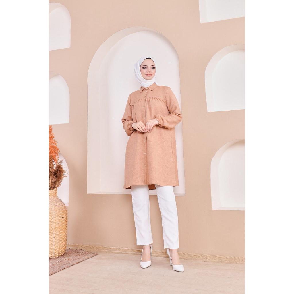 Women's Imported Linen Tunic Shirt With Gathered Front And Elastic Sleeves