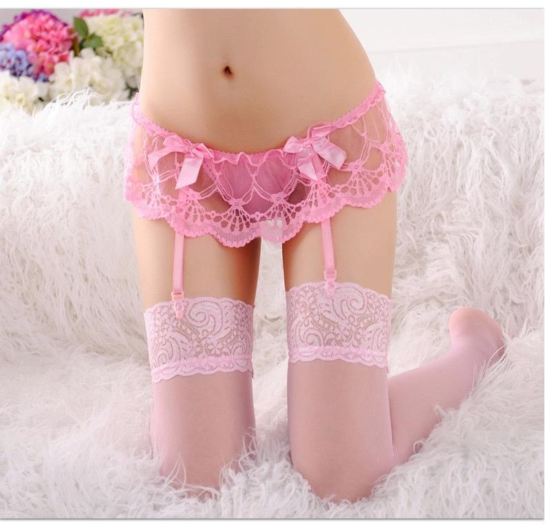 Suspender stockings women's fun thong set ultra-thin mood sexy hot bud black silk temptation long tube knee socks
