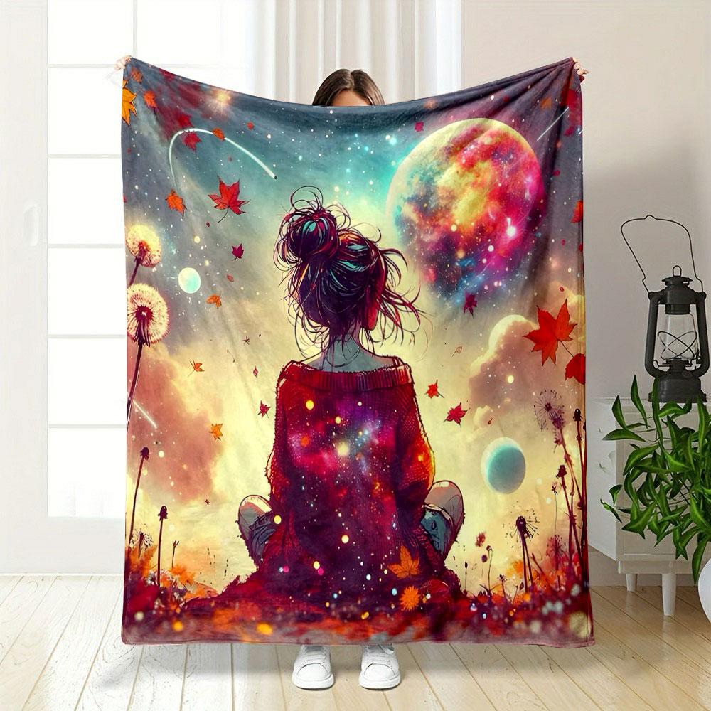 "Dreamy Girl Under Cosmic Sky" Patterned blanket, flannel, suitable for all seasons, home decor, warm and cozy