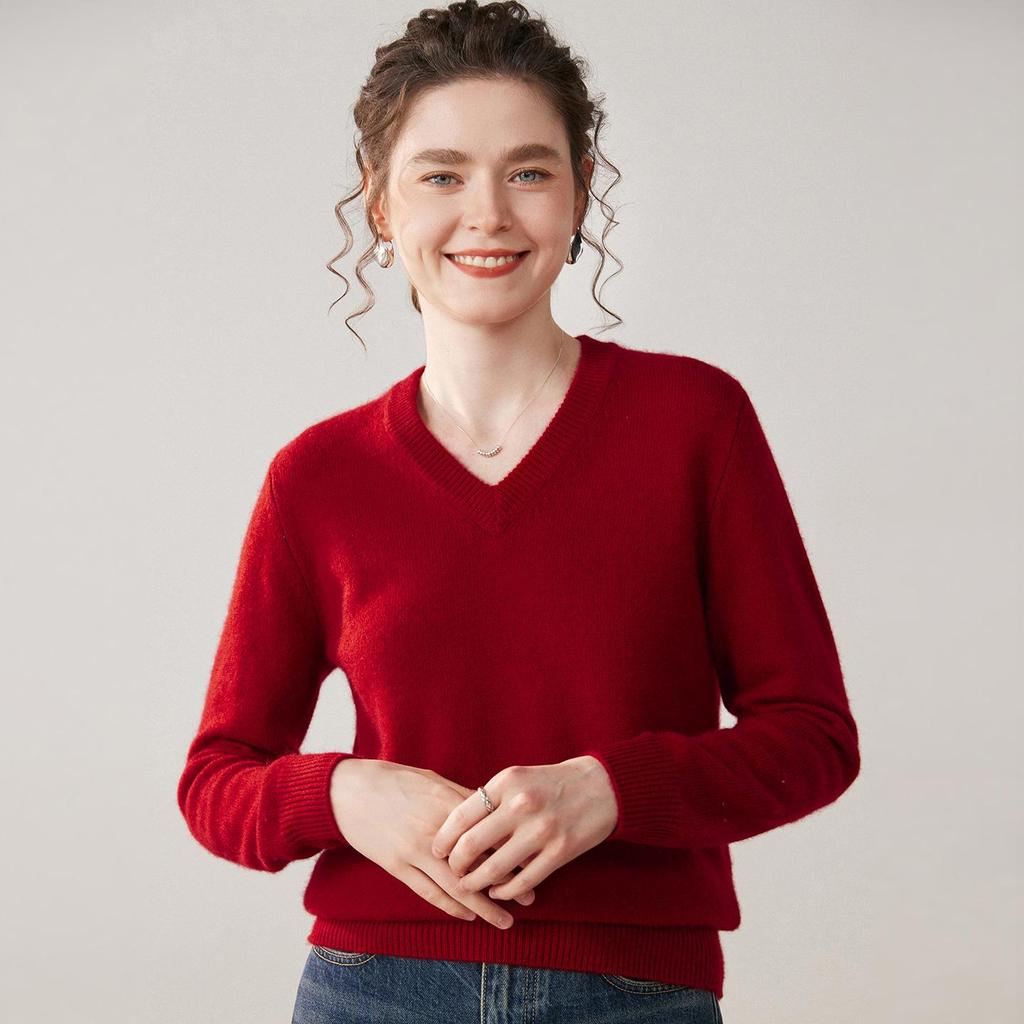 Damen Kaschmir V-Ausschnitt Pullover - Verdickte Herbst/Winter Strickware, Langarm, Überschnittene Schulter, Sieben-Stich Pullover Basisschicht.