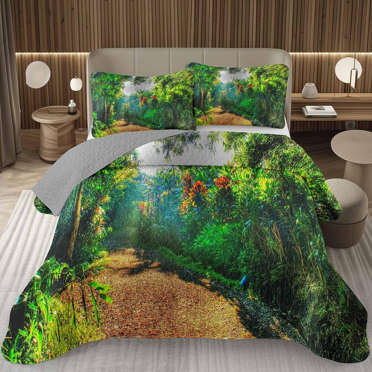 

Forest Bedspread King/Ful Magical Wodlplus Jungle Coverlet Set Dreamy Misty Scene Quilted Beding Set Reversible Grey Bed Cover 120*200cm Single