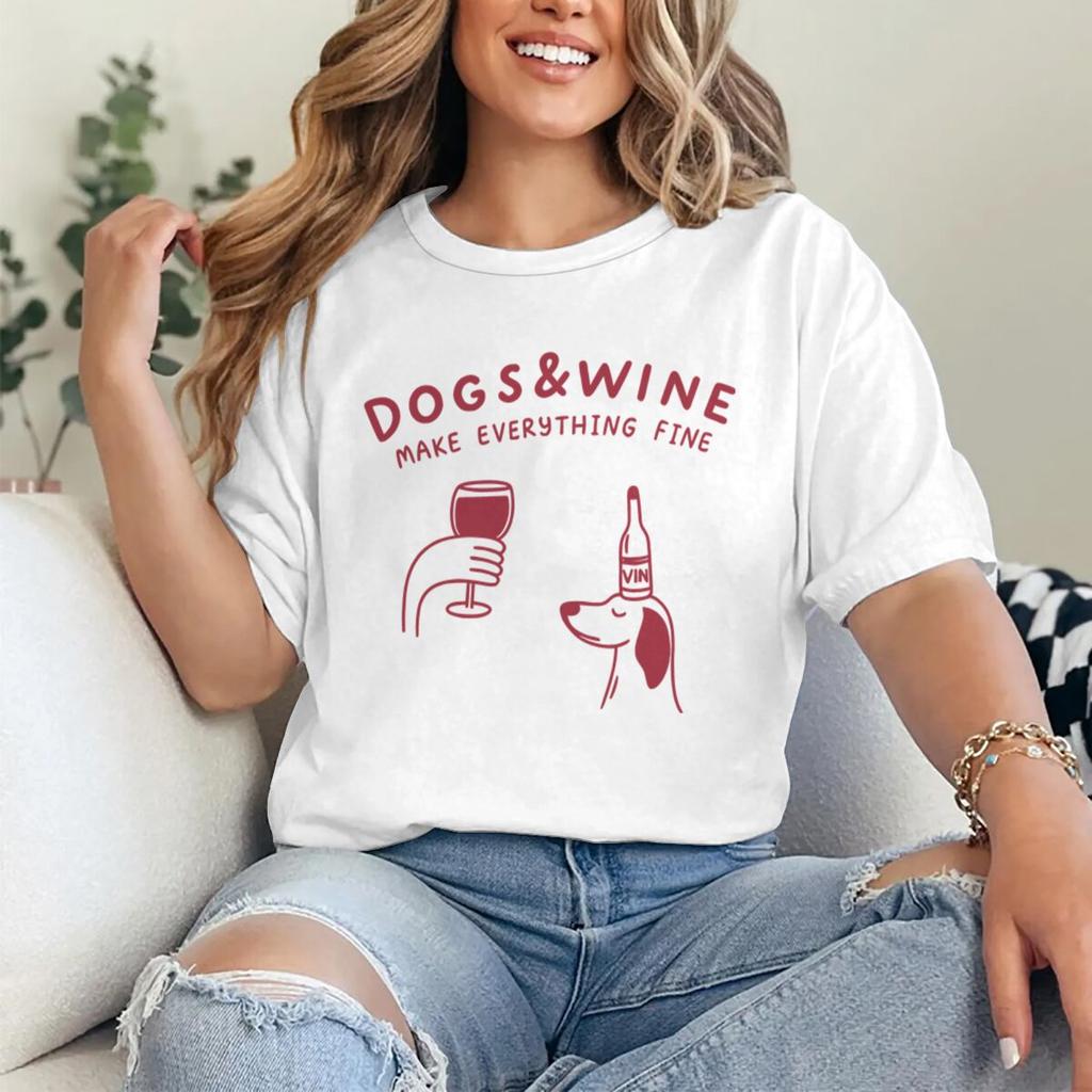 Hunde Und Wein Machen Alles Gut Lustige Vintage Grafik T-Shirts Tier Shirt Mode Hundemama T-Shirts Geschenke Damen Y2K Oberteile