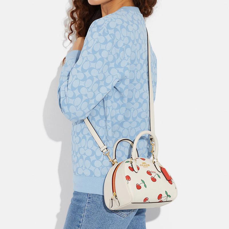 Coach Sydney 21 Zipper Closure Cherry Print Coated Canvas and Leather Shoulder Crossbody Tote Small Women's White