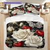 Red and White Roses Pattern Bedding Quilt Set Quilt Cover Pillowcase Home Decoration Birthday Gift (1 * Duvet Cover + 2 * Pillowcase, Without Core)