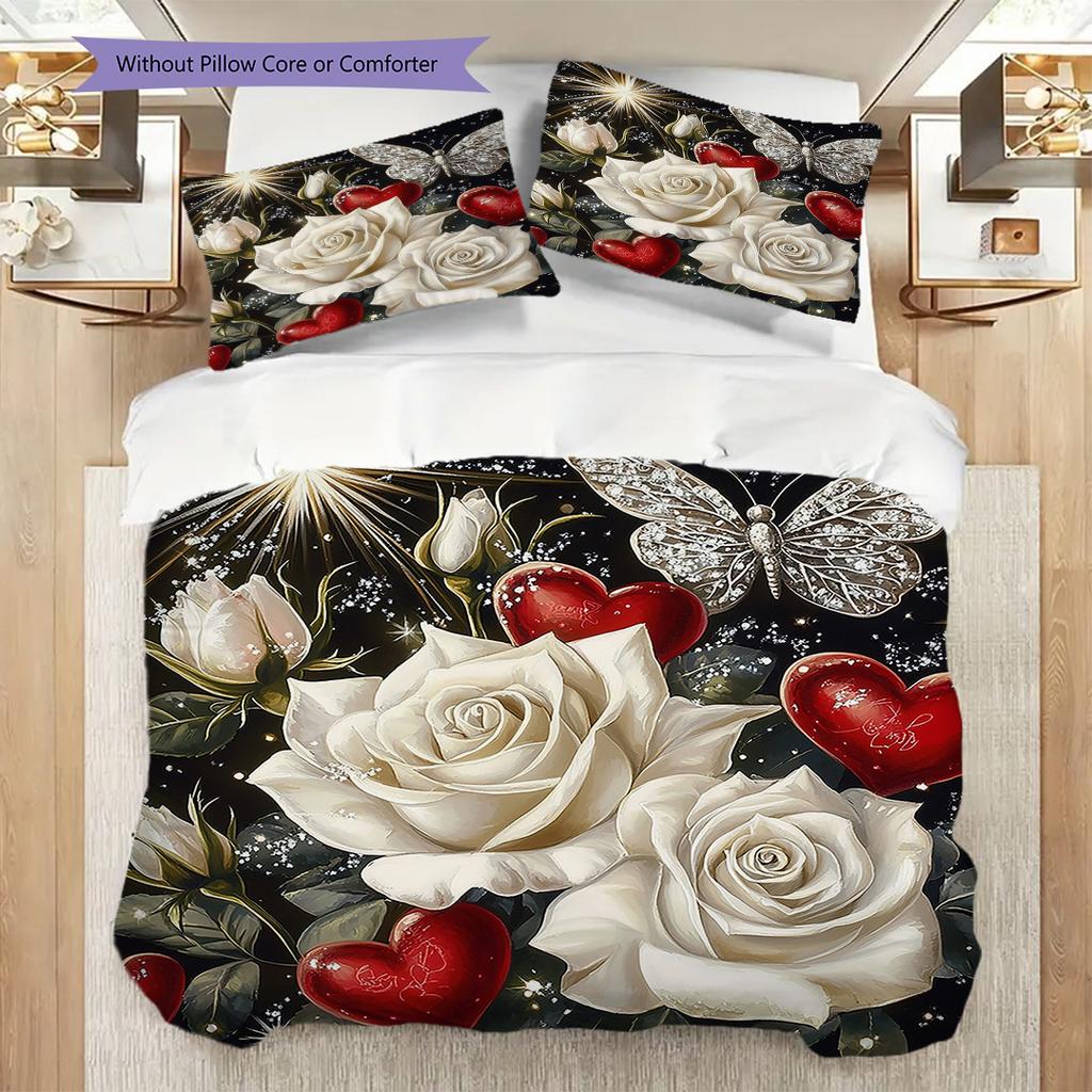 Red and White Roses Pattern Bedding Quilt Set Quilt Cover Pillowcase Home Decoration Birthday Gift (1 * Duvet Cover + 2 * Pillowcase, Without Core)