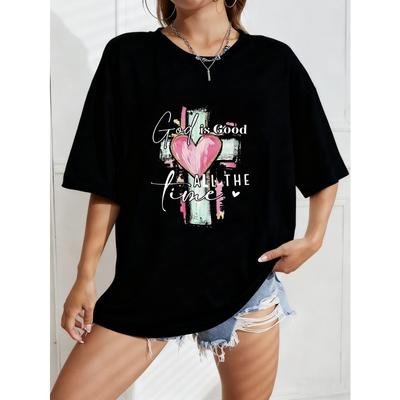 Vintage Schwarzes Oversized T-Shirt mit bemaltem Kreuz & Herz-Print – „Gott ist allezeit gut“ Glaubensinspiriertes Lässiges Oberteil