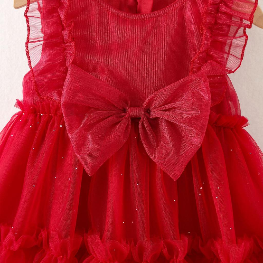 Abito alla moda per bambina con fiocco e maniche a sbuff in rete, Abito per bambini stile torta principessa