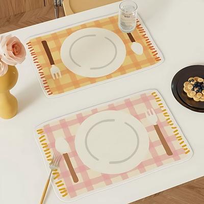 Rectangular Plaid Placemat, Heat Resistant Non-Slip Colorful Dining Placemat, Cute Tableware Patterns, Artificial Leather Table Protector Mat