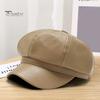 Women Beret Hat Spring Summer Retro Solid Color Faux Leather Short Brim Decorative Sun Protection Anti-UV Breathable Lady Painter Unisex Octagonal Cap