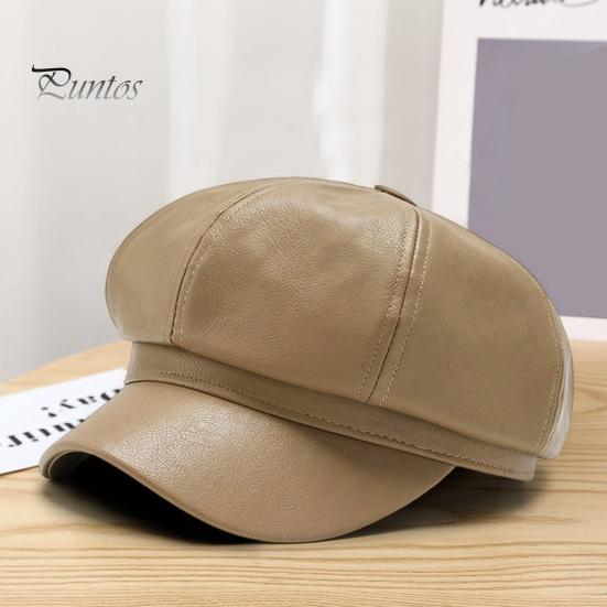 Women Beret Hat Spring Summer Retro Solid Color Faux Leather Short Brim Decorative Sun Protection Anti-UV Breathable Lady Painter Unisex Octagonal Cap