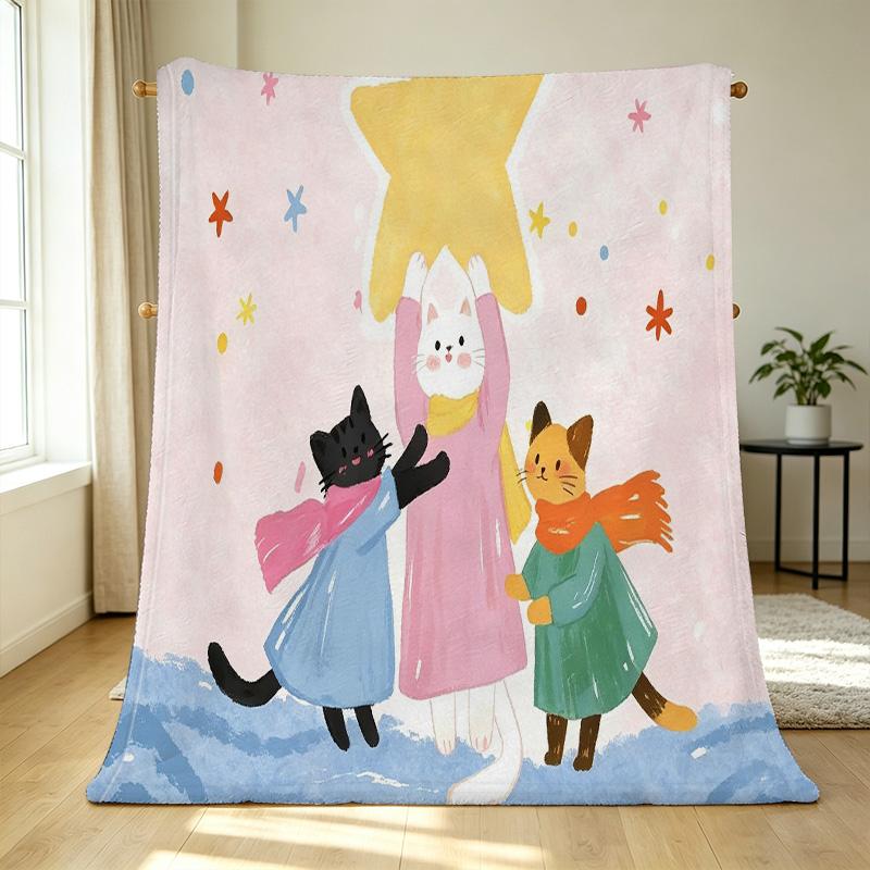 Cute Cat Plush Flannel Throw Blanket Soft, Machine Washable for Home, Couch, Office Naps, Christmas & Halloween