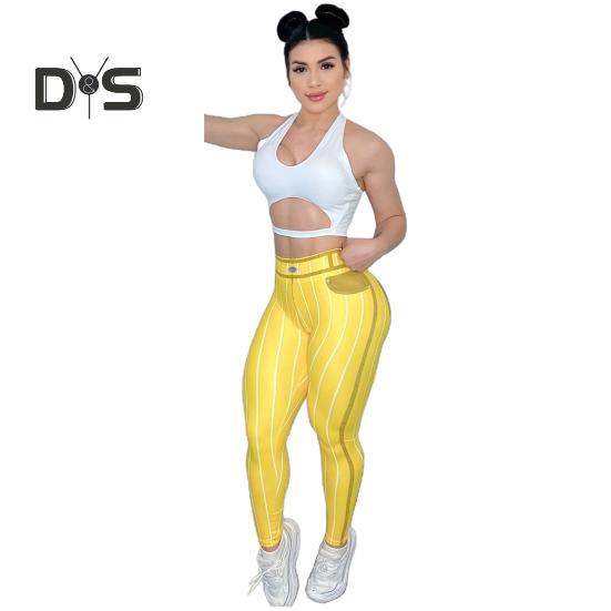 

Женские спортивные леггинсы с высокой талией, эластичные брюки с принтом в полоску, сексуальные узкие джинсы с имитацией джинсов, повседневные брюки с эффектом пуш-ап для тренировок в тренажерном зале M жёлтый
