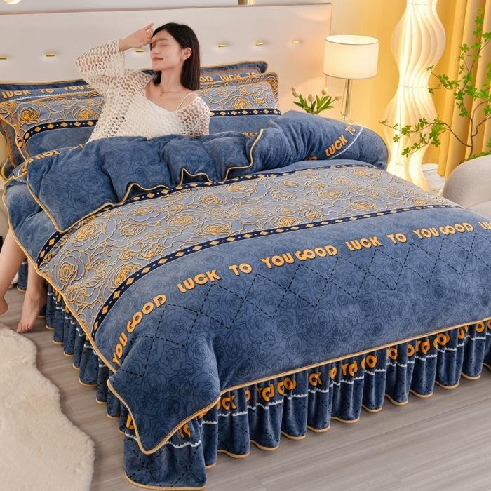 Thickened Milk Fleece Four-Piece Coral Fleece Quilt Cover, Bed Sheet Fleece Double-Sided Fleece Flannel Bedding, Bed Skirt