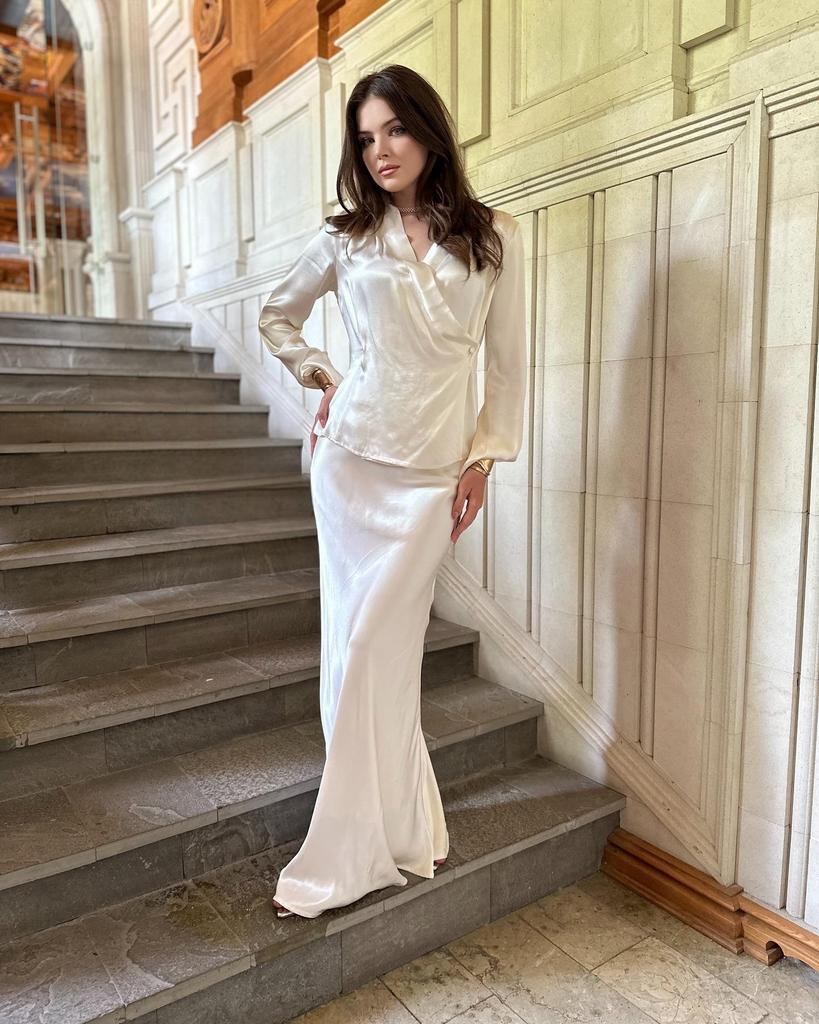 2024 Elegant Satin V-Neck Long-Sleeve Top & A-Line Half Skirt Set