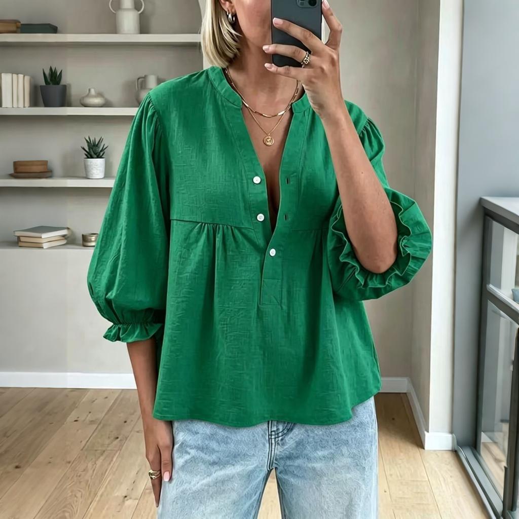 Women's Button Front Blouse Linen Cotton Blend Balloon Sleeves Puff Sleeve Top Casual Loose Fit Shirt