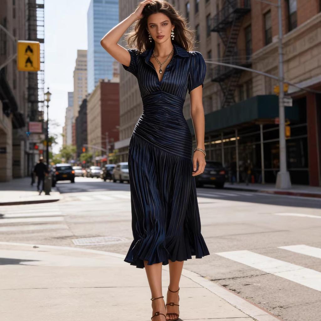 Women Lapel Collar V Neck Short Sleeve Ruffle Hem Striped Midi Dress