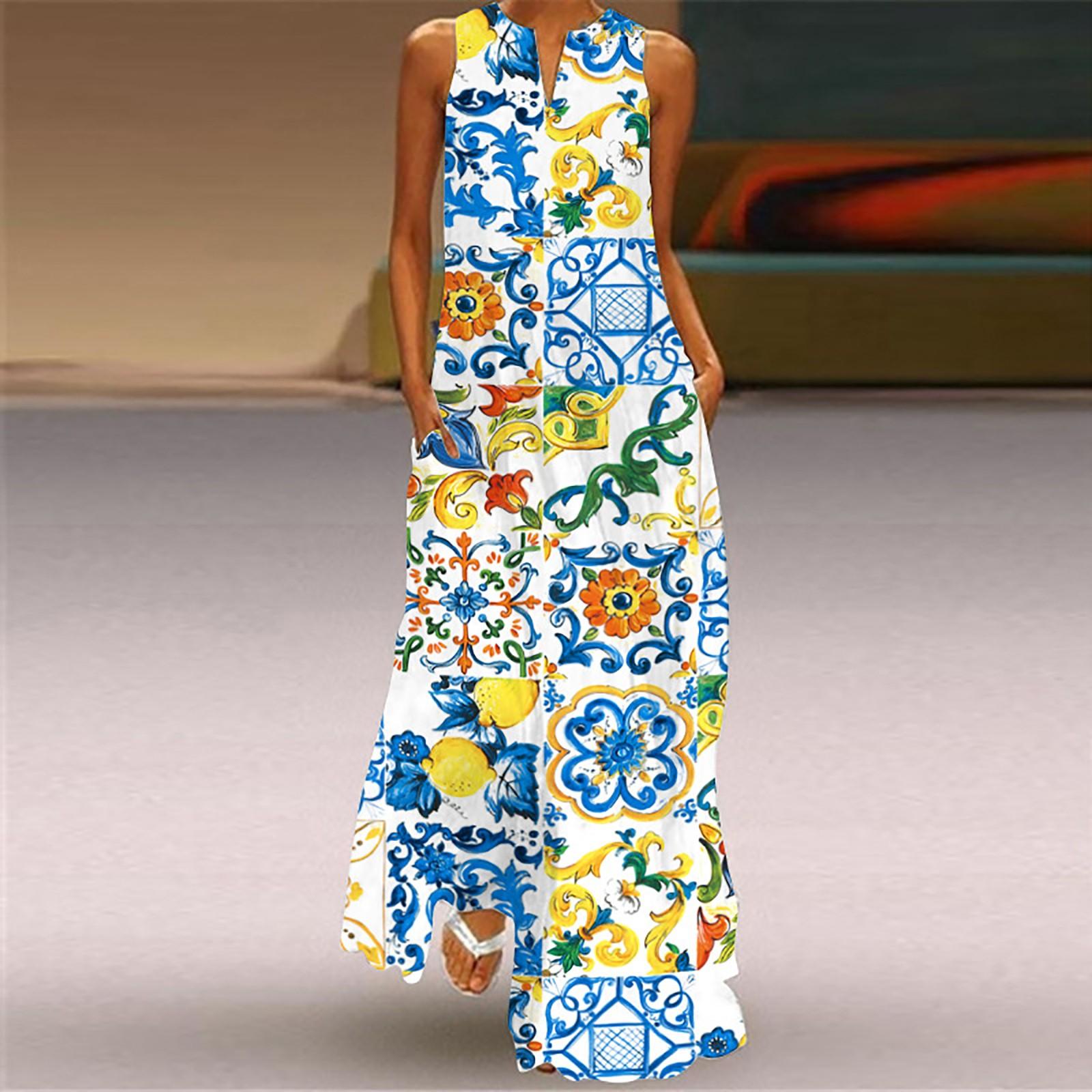 

Women s Fashion Summer Casual Print V-Neck Sexy Sleeveless Dresses Long XXXL синий