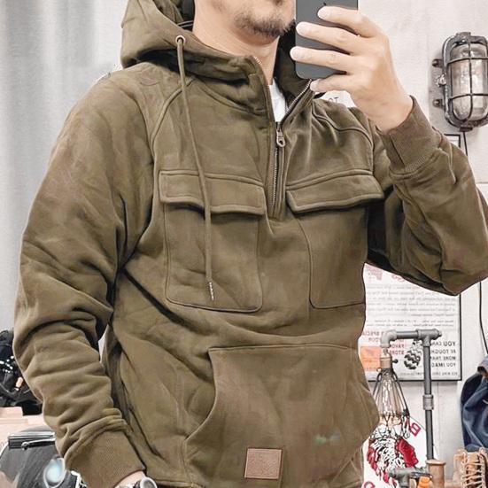 Men's Large Patch Pocket Drawstring Long Sleeve Half-Zip Hoodie clothes sale