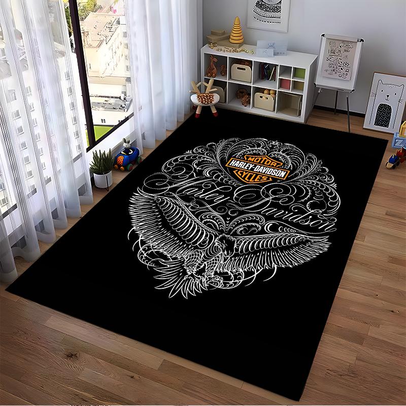 """Schwarzer Teppich mit Harley-Davidson-Logo und Adler-Grafikdesign"" Geeignet für den Einsatz als Anti-Rutsch-Matte für Wohnzimmer, Schlafzimmer, Sofas"""
