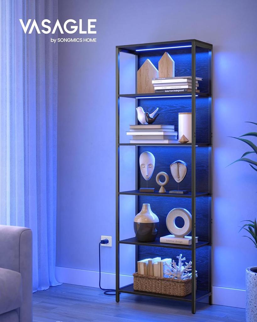 VASAGLE Libreria a 6 Ripiani con Illuminazione LED Regolabile, Scaffale con Struttura in Acciaio, 30,3 x 60 x 178,6 cm, per Soggiorno, Camera da Letto, Studio Nero Ebano