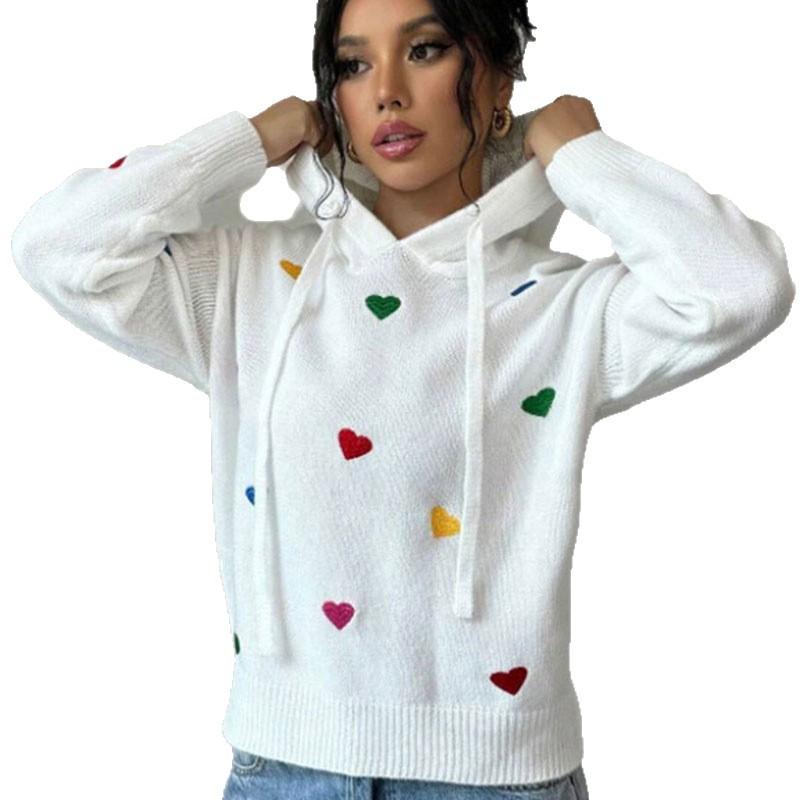 Europe, America autumn and winter women's sweater fashion color love jacquard hooded long-sleeved knitted sweater