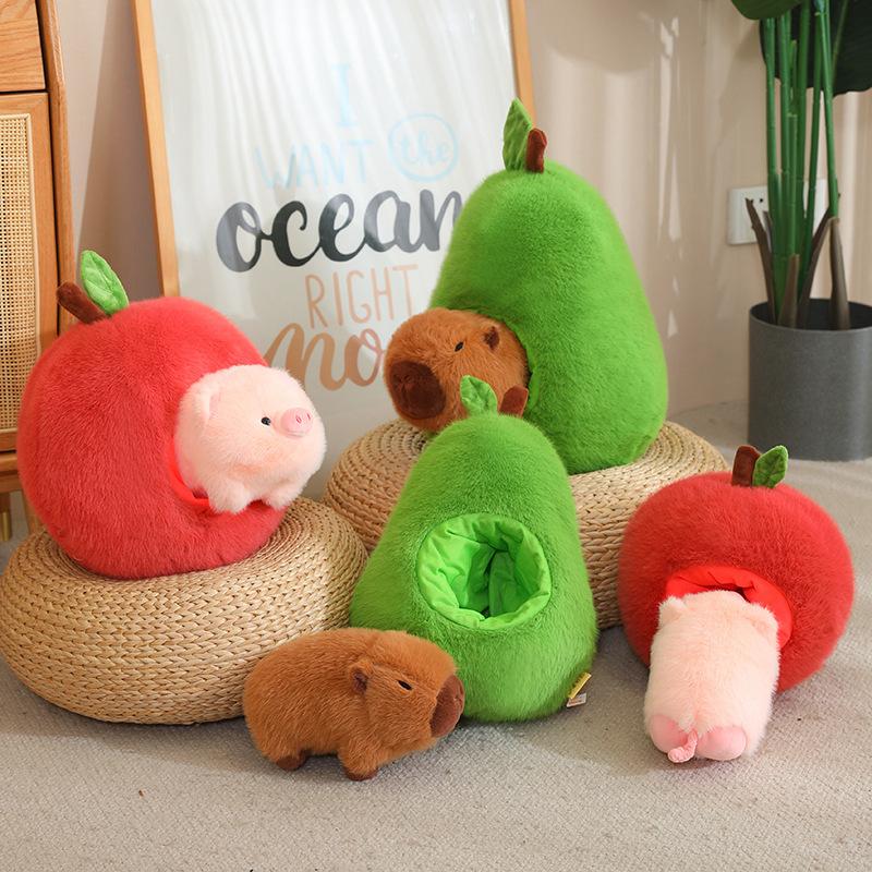 Stuffed Capybara Plushie In Avocado Cushion Soft Fuzzy Plush Pig Hiding In Apple Plush Capibara Toy Throw Pillow Birthday Gift