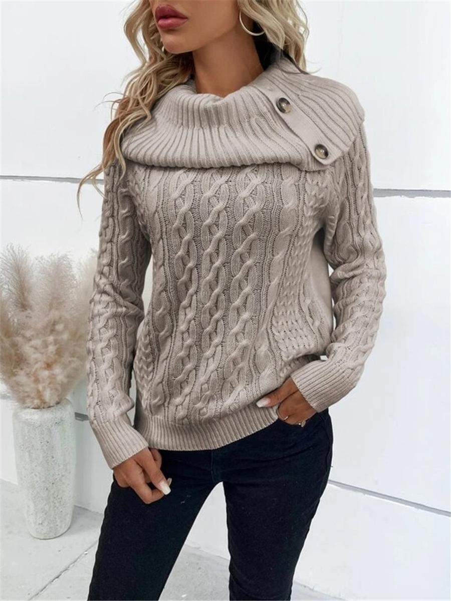

Fall Winter Knitted High Neck Button Design Shoulder Sleeve Sweater L темные хаки