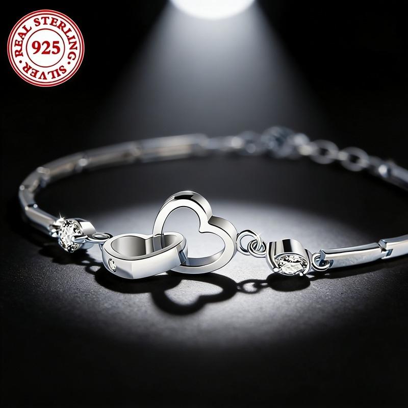 925 Sterling Silver Double Heart Bracelet Set Elegant and Fashionable Women's Chain Bracelet Valentine's Day and Mother's Day Gift