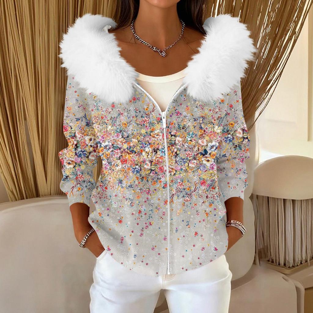 Pulover Casual de Damă la Modă cu Fermoar, Cardigan cu Imprimeu, Jachetă cu Glugă Plușată