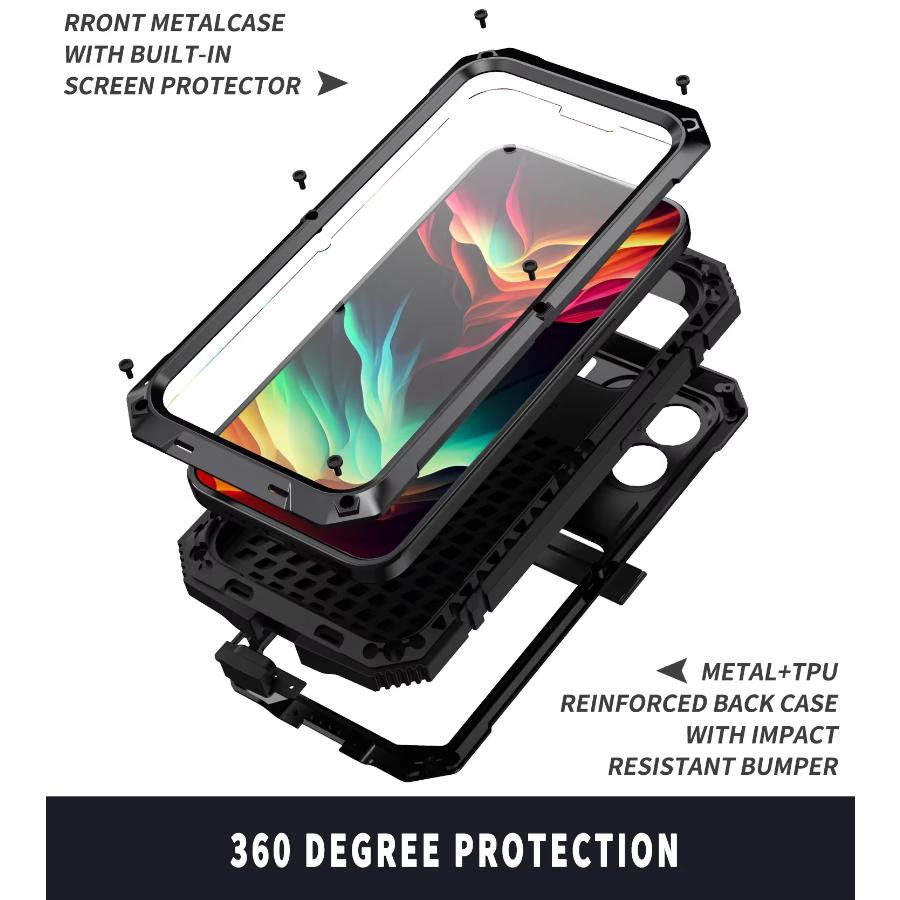 For iPhone 15 Pro Max 15 Plus 15 Shockproof Aluminum Metal Case Heavy Duty Protective Cover Screen Protector Built-in Kickstand