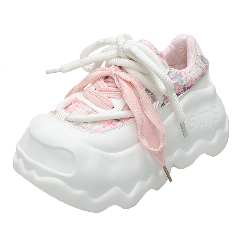 Fashion 8cm High Heel Leather Women Shoes Chunky Sneakers Autumn Wedge Platform Shoes Spring Women Breathable Comfy Skateboard Footwear