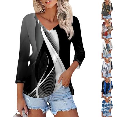 Women's Fashion Casual V Neck 3/4 Sleeve Loose  Printed T-Shirt Ladies Top