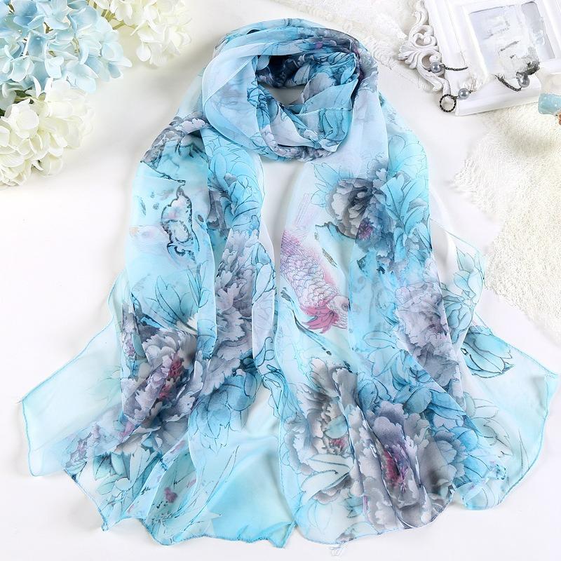 Summer Korean Version of The Season Silk Scarf Sunscreen Scarf Rich Peony Ladies Chiffon Long Silk Scarf Gauze Scarf
