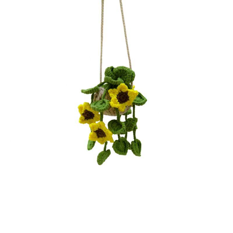 Gehaakte Aardbei en Bloem Plantenmand Auto Hangende Sieraden, Schattige Handgemaakte Gebreide Auto Spiegel Hangende Accessoires voor Vrouwen