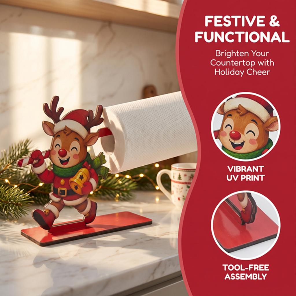 Wooden Christmas Tissue Box Holder with Snowman Santa and Design, Festive Tabletop Decoration